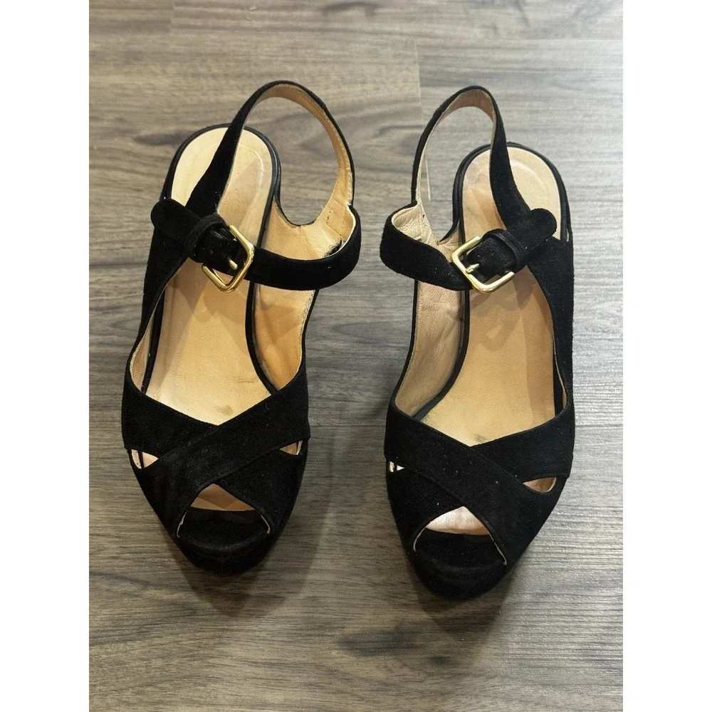 Stuart Weitzman Platform Wedges 5.5 Black Suede Y2K Peep Toe Chic Euro Summer